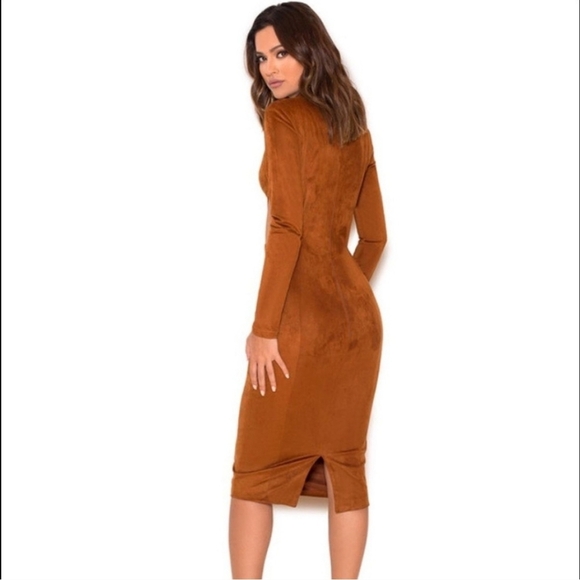 House Of CB London Brown Suede Midi Dress High Neck Cutout Slit Size Small - Picture 4 of 16